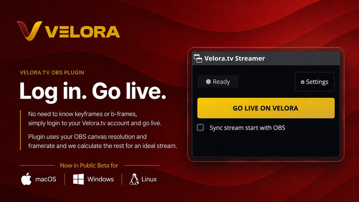 VeloraTV's tweet photo. Velora Streamer Plugin for OBS
now in public beta

Log in. Go live.
It's truly that simple.

Get it at https://t.co/FC8Se0vkRO or next time you're in Settings, the Stream Key and our OBS Plugin live together on one page. 

We're all in this together. 💛