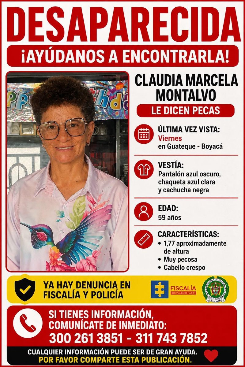 RonnySuarez_'s tweet photo. Ayúdenme a compartir. Buscamos a Claudia Marcela Montalvo, vista por última vez el viernes en Guateque 👇🏼 https://t.co/Ywb6fRYtOt