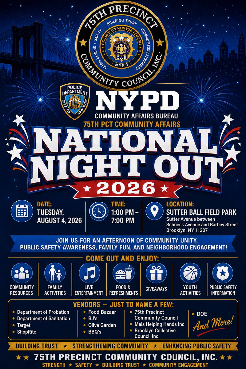 NYPD75Pct's tweet photo. 🎉 Join us for National Night Out on August 4 from 1pm to 7pm at Sutter Ball Field Park! Enjoy food, family fun, public safety activities, and a day of community unity. We hope to see you there! #NationalNightOut https://t.co/fw8cFiTbbo