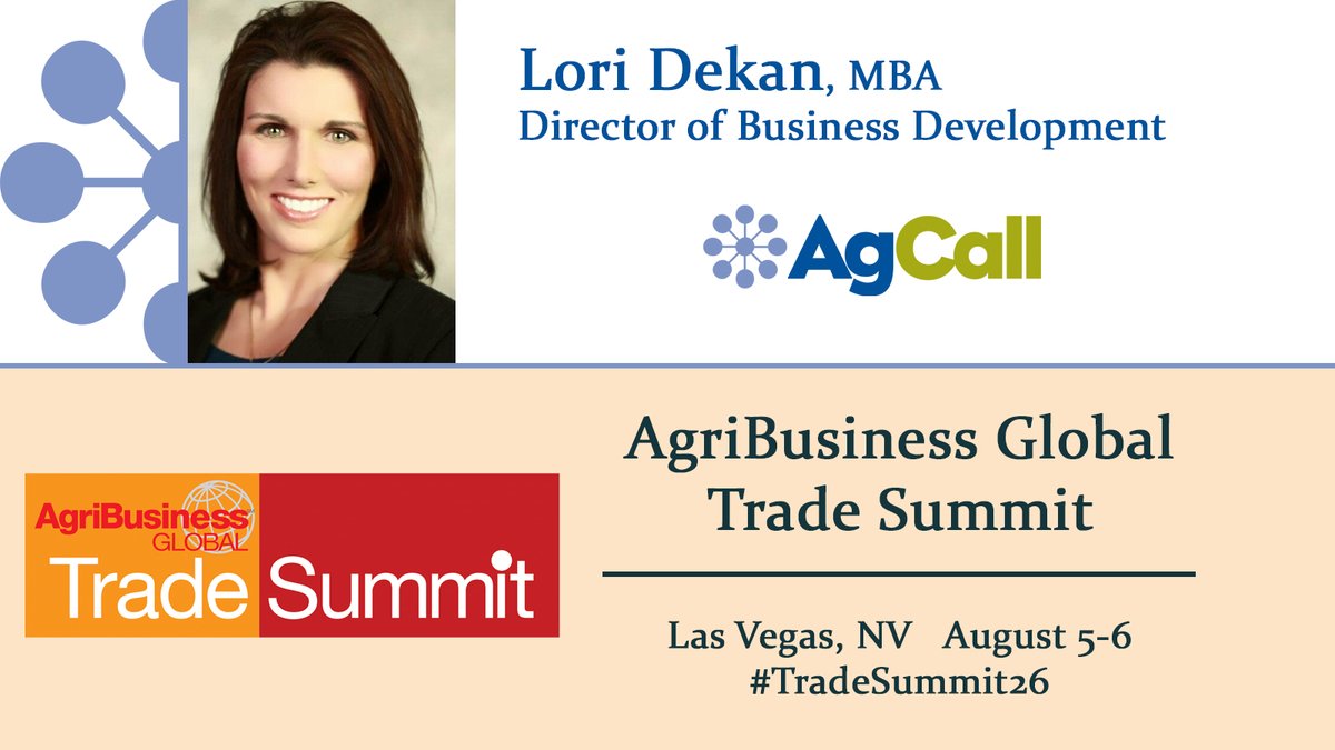 AgCall's tweet photo. AgCall Director of Business Development Lori Dekan will be in attendance at the AgriBusiness Global Trade Summit Aug 5-6 in Las Vegas. Get in touch with Lori at https://t.co/e2HeqQwJ4Z to connect at the event! #TradeSummit26 https://t.co/CoQncCiy0Q
