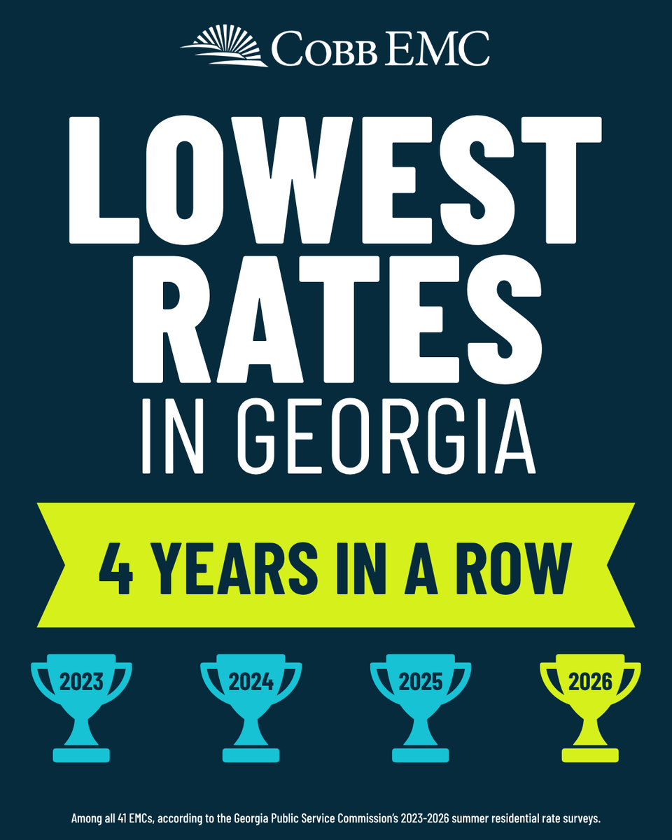 cobbemc's tweet photo. Being part of Cobb EMC means more than powering your home. It means real savings. 💡

For the fourth year in a row, Cobb EMC has the lowest residential rates among Georgia’s 41 EMCs. That adds up to an average of $480 in annual savings compared to the state average.

As a member-owned cooperative, keeping rates affordable is one of the many ways we work to deliver value to the communities we serve. 💙
