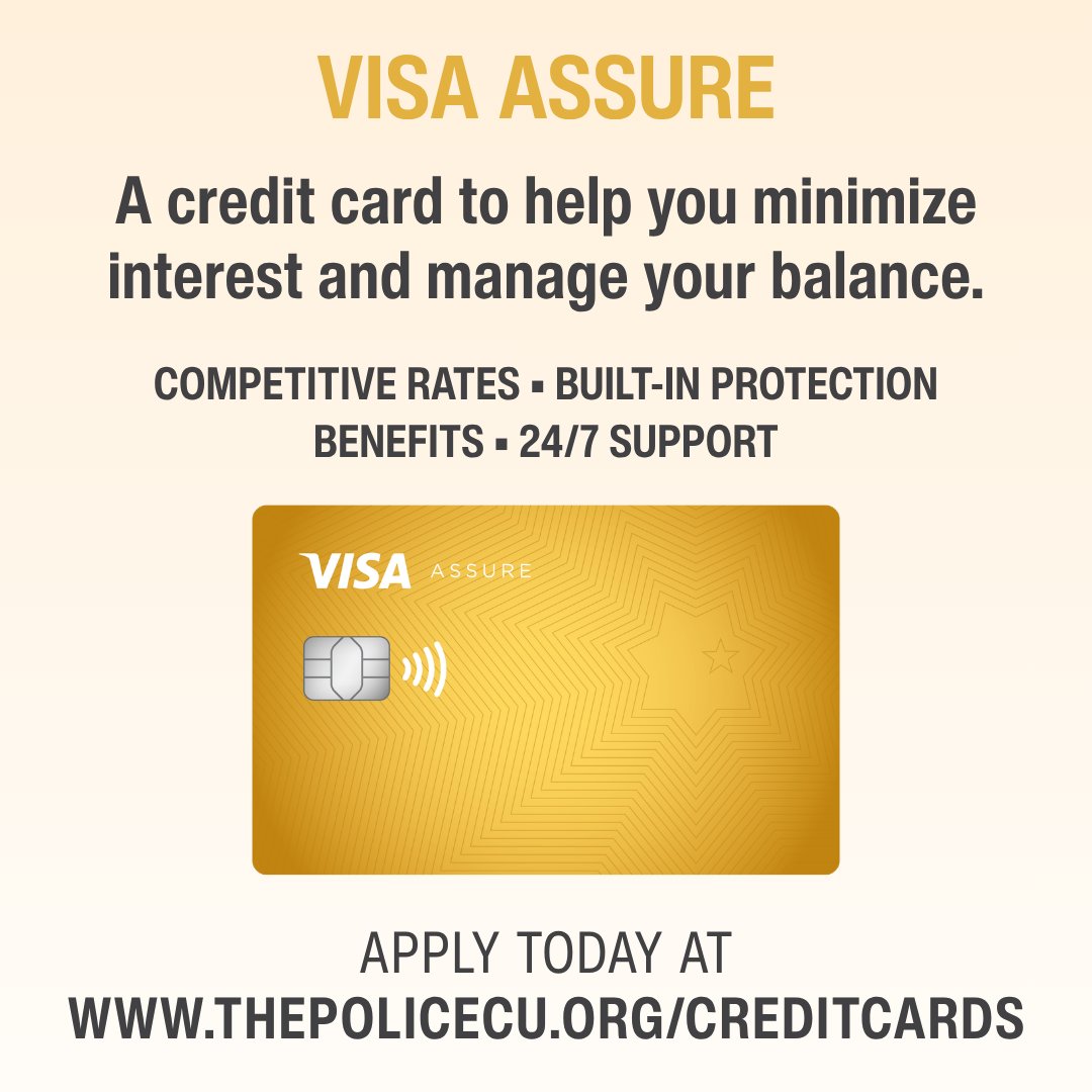 ThePoliceCU's tweet photo. Meet our new Visa Assure credit card. Enjoy lower rates, simpler terms, and real value every day. Whether you're consolidating debt or looking to save on interest, Visa Assure can help. Apply today: https://t.co/vFPVYsrsNl

#SmartMoney #Visa #CreditUnionDifference https://t.co/GCGXUjcvrb