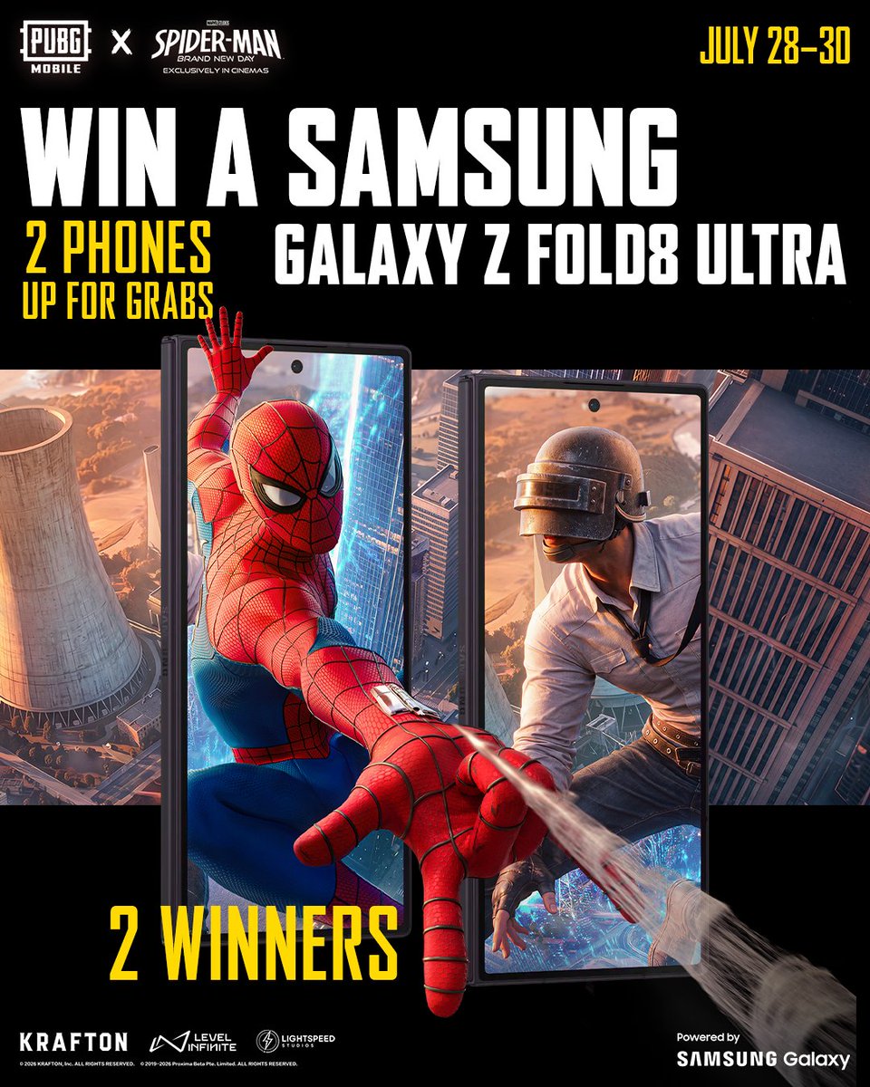 PUBGMOBILE_NA_'s tweet photo. We’re partnering with Samsung to give away TWO more Galaxy Z Fold8 Ultras! 📱🔥

Enter for a chance to experience PUBG MOBILE × Spider-Man: Brand New Day on an epic foldable display!

How to enter on X:

✅ Follow @PUBGMOBILE_NA_ and @SamsungMobileUS
✅ Comment on this sweepstakes post and tag one friend for 1 entry
✅ Share a PUBG MOBILE photo, video, or screenshot in an X post using #PUBGMOBILE, #SpiderManBrandNewDay, and #GalaxyZFold8 for 3 entries

More ways to enter. More chances to win. Show us how you drop in!

Official Rules: https://t.co/t5tn2UhLKY

#PUBGMOBILE #SpiderManBrandNewDay #GalaxyZFold8