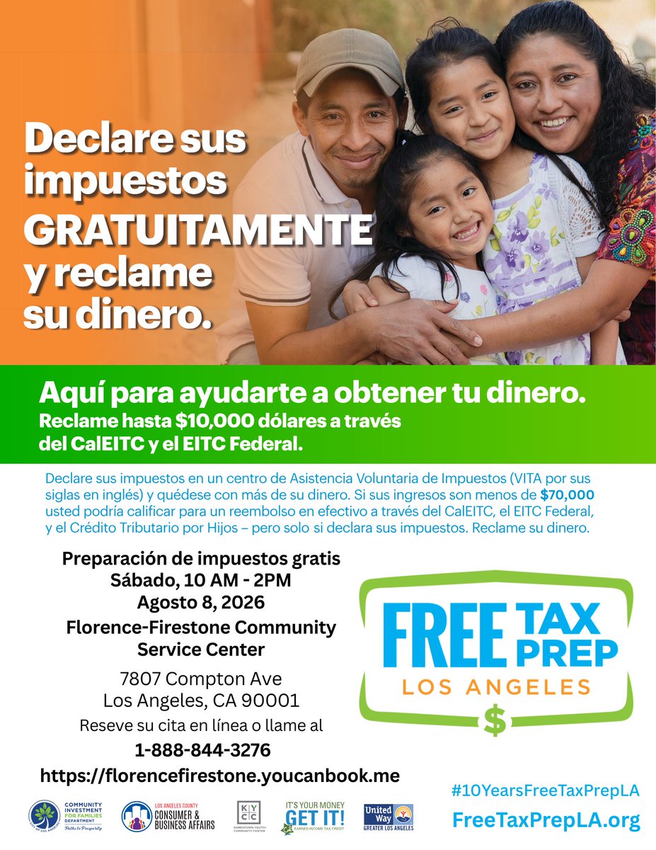 FreeTaxPrepLA's tweet photo. 📍 Join us for another #FreeTaxDay!

Get free tax preparation from IRS-certified volunteers at the Florence-Firestone Community Service Center.

🗓️ Saturday, August 8
🕙 10 AM–2 PM

Appointments are limited—book yours today! See the flyer for details.

#FTPLA https://t.co/tPjc7KWz9w