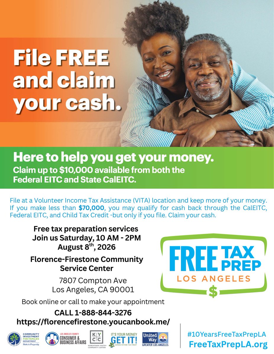 FreeTaxPrepLA's tweet photo. 📍 Join us for another #FreeTaxDay!

Get free tax preparation from IRS-certified volunteers at the Florence-Firestone Community Service Center.

🗓️ Saturday, August 8
🕙 10 AM–2 PM

Appointments are limited—book yours today! See the flyer for details.

#FTPLA https://t.co/tPjc7KWz9w