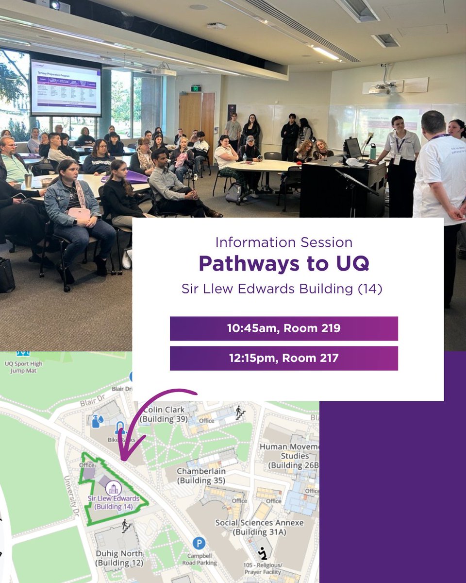 UQCollege's tweet photo. Find us at UQ Open Day, St Lucia this Sunday. 💜

If you have questions about pathway programs or bridging courses, come and see the UQ College team!

We'll also be running campus tours and information sessions throughout the day. Check the post for session times. https://t.co/jrAfLqLbXh