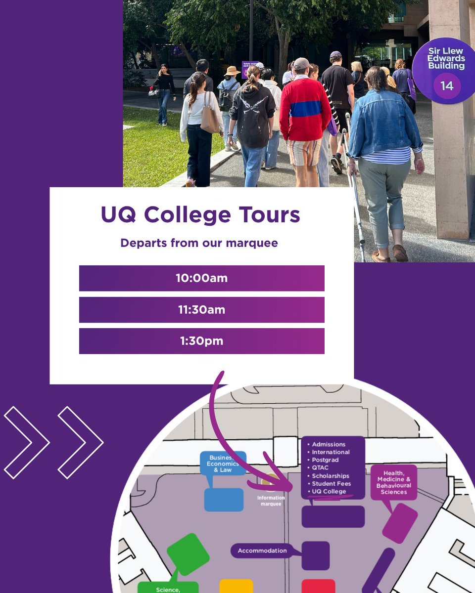 UQCollege's tweet photo. Find us at UQ Open Day, St Lucia this Sunday. 💜

If you have questions about pathway programs or bridging courses, come and see the UQ College team!

We'll also be running campus tours and information sessions throughout the day. Check the post for session times. https://t.co/jrAfLqLbXh