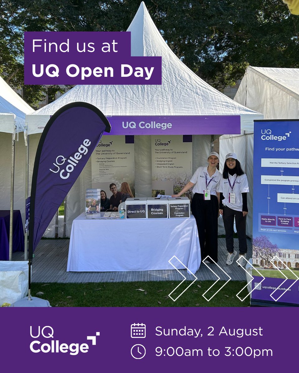 UQCollege's tweet photo. Find us at UQ Open Day, St Lucia this Sunday. 💜

If you have questions about pathway programs or bridging courses, come and see the UQ College team!

We'll also be running campus tours and information sessions throughout the day. Check the post for session times. https://t.co/jrAfLqLbXh