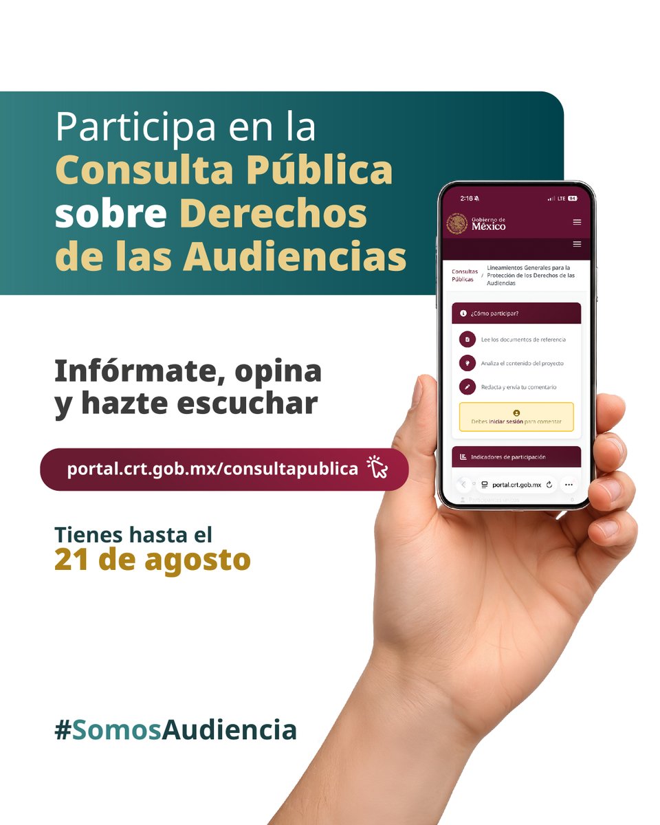 CRTGobMX's tweet photo. ¡Ejerce tu derecho como audiencia de televisión y radio! 📻📺

Tienes hasta  el 21 de agosto para participar en la consulta pública y fortalecer tus derechos. 🤝

 https://t.co/ALj9ec0zAn ⬅️

#SomosAudiencia #CRT #Telecomunicaciones #DerechosdelasAudiencias https://t.co/ULD6nuJZkp