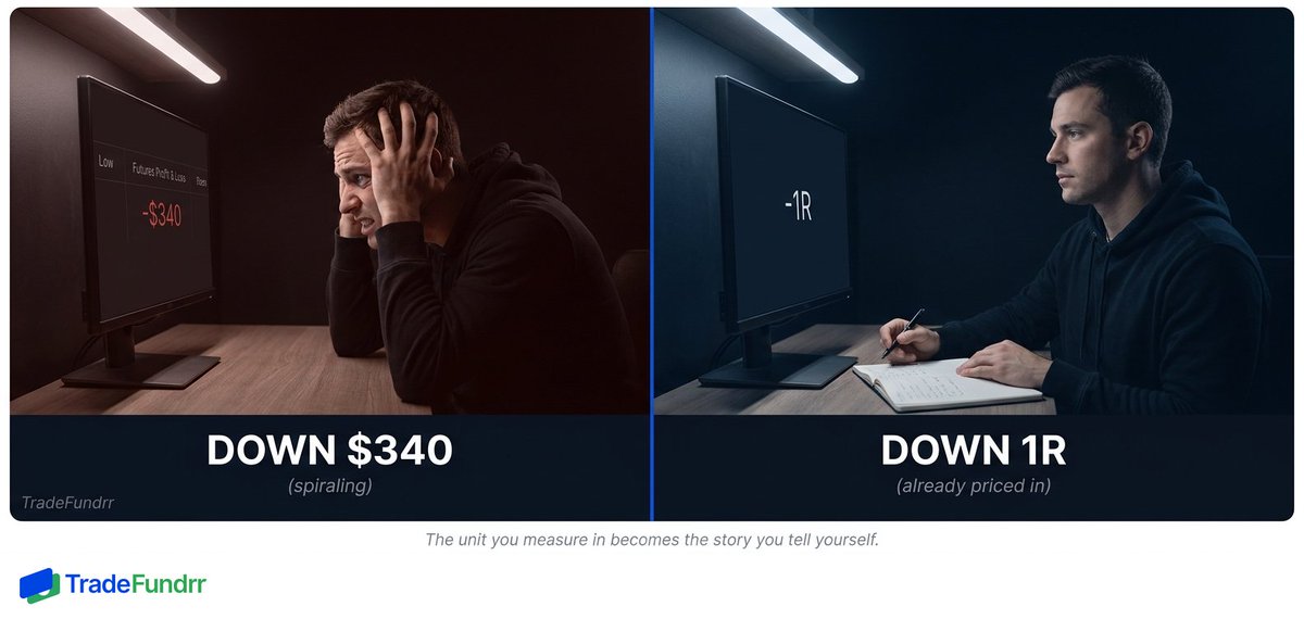 TradeFundrr's tweet photo. Dollars trigger loss aversion. R-multiples trigger process. Same loss, different brain.

Trading involves substantial risk. https://t.co/8vXMcLJKik