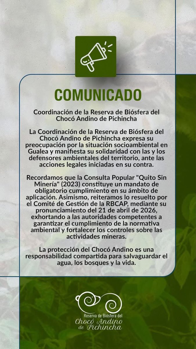 APTNorteEcuador's tweet photo. @PoliciaEcuador @ARCOM_Ecu @EcuadorMAE @DEFENSORIAEC ⭕️ La Mina "La Conquista" incumple las medidas cautelares de suspensión la actividad económica de la #AMC Municipio de Quito.  

🇪🇨 Responsabilizamos a la empresa minera #Melinachango por la vida y seguridad de los defensores de #Gualea y #Pacto. 

#GualeaDMQ 
#PactoDMQ

📢 https://t.co/1nVhQULtt8