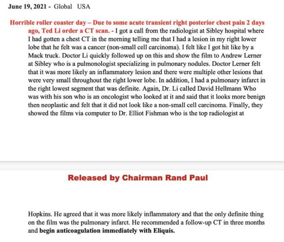 RachelGasp7581's tweet photo. JUNE 19, 2021. FAUCI KNEW he had a PE (blood clot in his right lung) just 5 months after Covid-Vaccination. He received the best treatment, was put on Eliquis (to thin blood and clots), and TOLD NO-ONE. This was 5 weeks before my husband and I got the vaccine for work in rural Alaska. He had every opportunity to prevent deaths and lifelong impairment…HE DID NOTHING. Take his license, take his money, and give him the punishment of the worst criminals. I wage you would need the world’s largest arena for the execution and it would be AT CAPACITY. I want a VIP seat so I can hear it when this disgrace of a human being DRAWS HIS LAST FCKN BREATH.