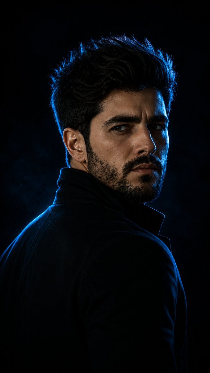 aatif_j's tweet photo. Brooding contemplative man in silhouette

Prompt: Ultra-realistic IMAX-level Netflix-style cinematic neo-noir portrait, 9:16 vertical composition, use the uploaded image as the primary facial reference with maximum face consistency, create a handsome young adult man captured from behind in a dramatic three-quarter side profile against a pitch-black studio background. His shoulders remain turned away while his face looks sharply over one shoulder, revealing a strong sculpted profile. His expression feels vigilant, guarded and quietly authoritative, with subtly lowered brows, narrowed focused eyes looking into the distance, lightly pressed lips and a firm masculine jawline. He wears a matte-black high-collar jacket that blends into the darkness. His dark hair is styled with natural lifted volume and refined texture, paired with neatly trimmed facial hair. Intense electric-blue rim lighting traces the edges of his hair, forehead, nose, cheek, beard, collar and shoulder, while the front of his face remains partially hidden in deep shadow. Minimal black environment, crisp silhouette, deep cinematic contrast, subtle atmospheric haze, premium blue-black colour grading, realistic skin and hair detail, photorealistic, 8K quality.

Negative Prompt: front-facing pose, smiling expression, flat lighting, visible background details.