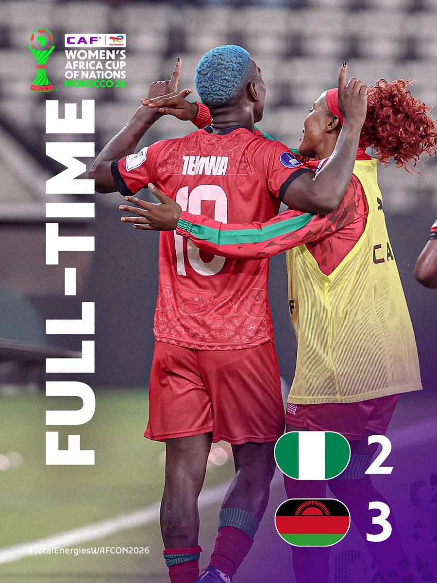 442_Malawi's tweet photo. FULL-TIME! 

History made! The Scorchers claim a stunning 3-2 victory over Nigeria to kick off their WAFCON campaign in style.

⚽ Temwa Chawinga (2)
⚽ Tabitha Chawinga

🇳🇬 Nigeria 2-3 Malawi 🇲🇼

#442Malawi #Wafcon https://t.co/ngktGYJuyU