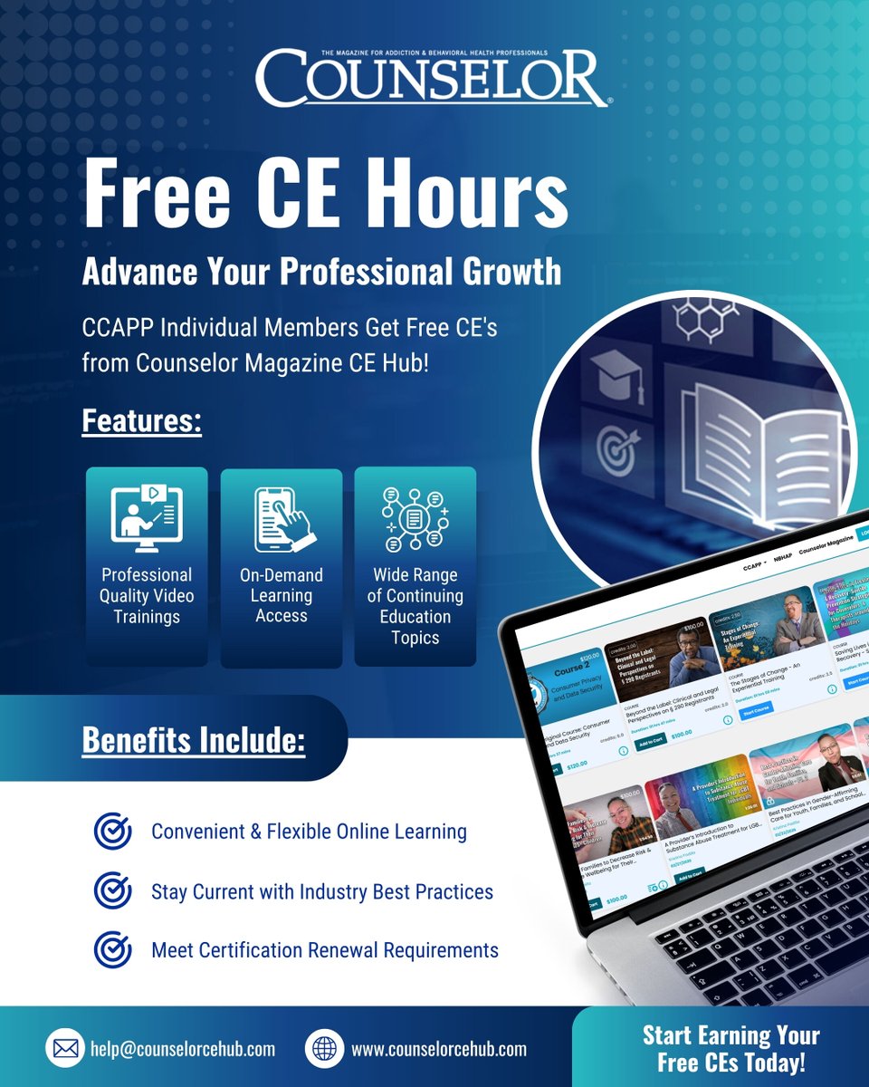 CCAPP4U's tweet photo. CCAPP is proud to provide free, unlimited access to the Counselor Magazine CE Hub.

If you're already a CCAPP Individual Member, simply log in and begin exploring the growing catalog of courses.

Start earning your free CE's today at: https://t.co/QXzsPj7bqD

#ccappstrong https://t.co/aWQXNJh5Q8