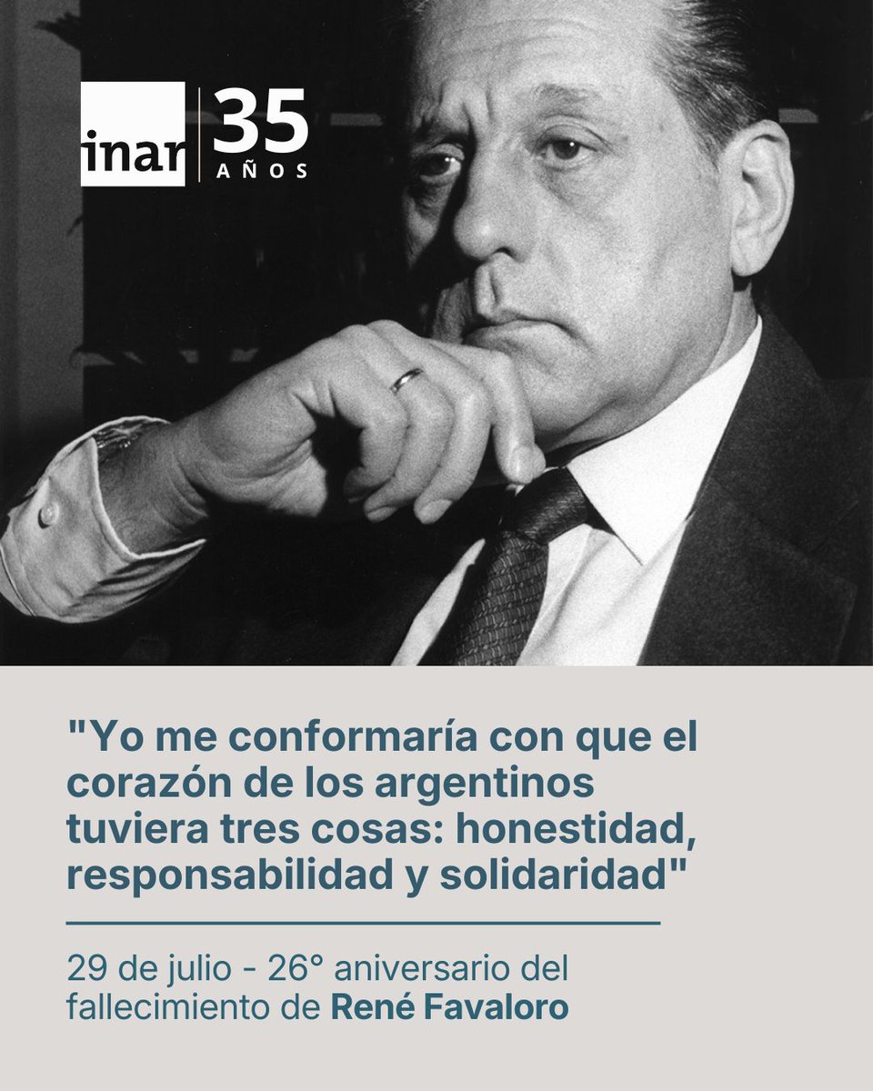 inarargentina's tweet photo. Hoy recordamos al Dr. René Favaloro, a 26 años de su fallecimiento. Su legado trasciende el tiempo y continúa siendo un ejemplo de compromiso, humanidad y dedicación al servicio de la salud.

#recuperacion #rehabilitacion #renefavaloro #cardiologia #salud #argentina https://t.co/AOq7OZMdxM