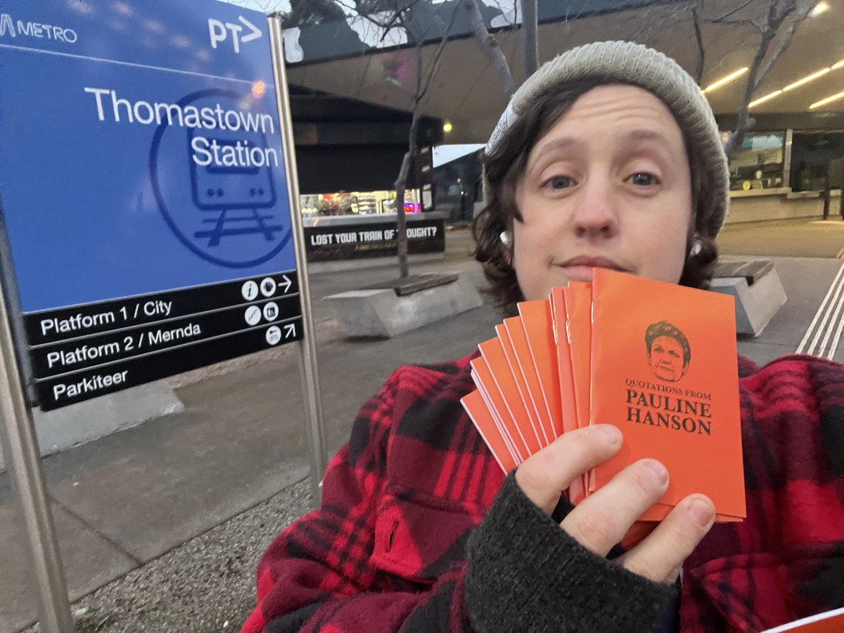 VicUnions's tweet photo. Just some of the 50,000 'little orange books' union members are handing out this morning, at 80 train stations around the state. They're filled with the one thing guaranteed to turn a voter away from One Nation - direct quotes from Pauline Hanson. #springst https://t.co/lWBH6LQoUU