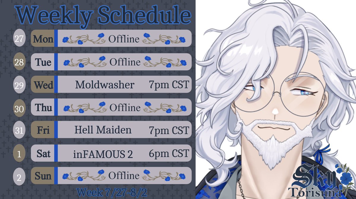 SkyTorisuna's tweet photo. 💀SCHEDULE TIME💀
Back from Offkai edition!

This week, we're cleaning up with Moldwasher, experiencing purgatory but with anime girls in Hell Maiden, then continuing our southern lightning storm in inFAMOUS 2 https://t.co/w8OJ9WuFJV