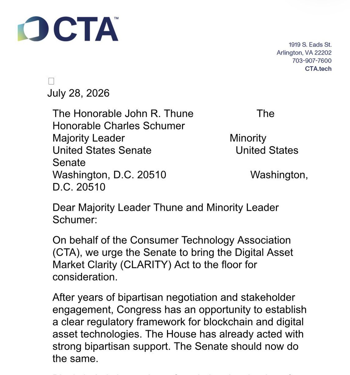 BitcoinMagazine's tweet photo. JUST IN: 🇺🇸 Consumer Technology Association supports the passage of the CLARITY ACT 

"America should be competitive in blockchain and digital asset technologies. We respectfully urge you to prioritize Senate floor consideration of the CLARITY Act." 👏 https://t.co/j42MSLGBwJ