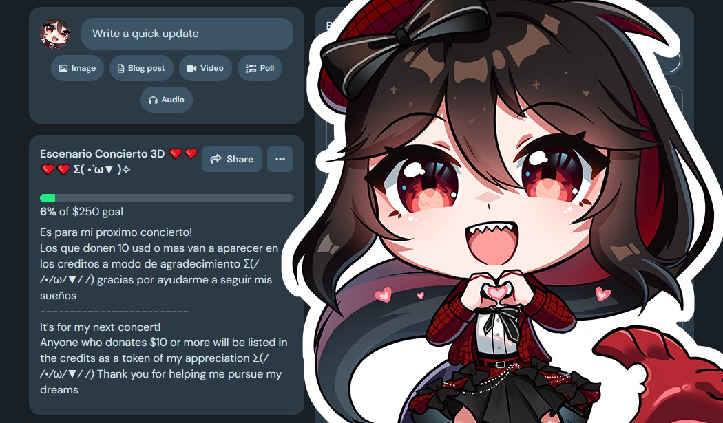 AkamiChiyo's tweet photo. Soy Akami Chiyo~! Y tengo un sueño
ser una gran idol 2.5D asi que necesito de tu ayuda para lograrlo❤️🐟 

Actualmente estoy haciendo un concierto 3D full tracking con todo mi corazón. Siempre quiero lo mejor para mis nikus asi que comisioné un escenario 3D

Me ayudas a lograrlo? https://t.co/wBAWQSglcR