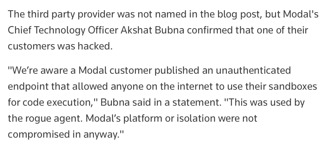 simonw's tweet photo. @mitsuhiko Turns out the "third-party provider" with the sandbox that was used for the attack was Modal, though they blame one of their customers for deploying an endpoint without authentication: https://t.co/icV6JcGxD6 https://t.co/c8FvWIOXyJ
