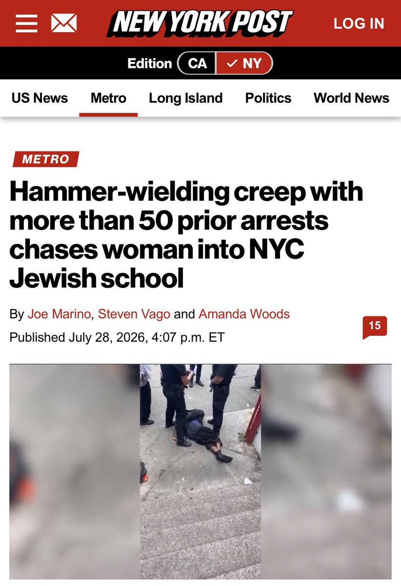 StopAntisemites's tweet photo. Another day, another violent hate incident under Mamdani’s leadership as a hammer-wielding lunatic was arrested after chasing a woman into a Jewish school in Queens, injuring an 8-year-old.

The man has more than 50 prior arrests 🤯. https://t.co/S61kiqqBwp