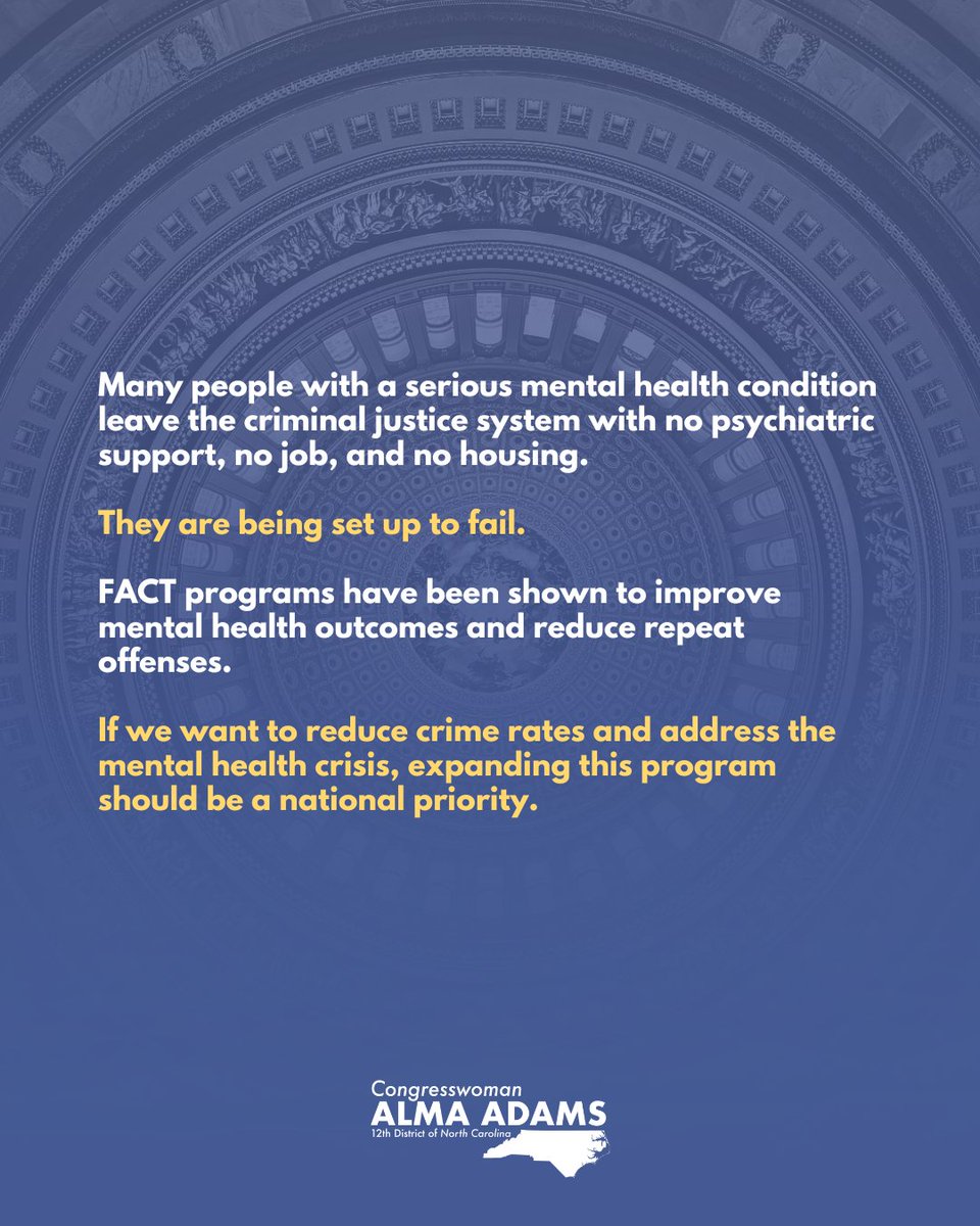 RepAdams's tweet photo. This month, I introduced the Forensic Assertive Community Treatment (FACT) Pilot Program Act to close crucial mental health care gaps in the criminal justice system. https://t.co/mIcNd2x85x