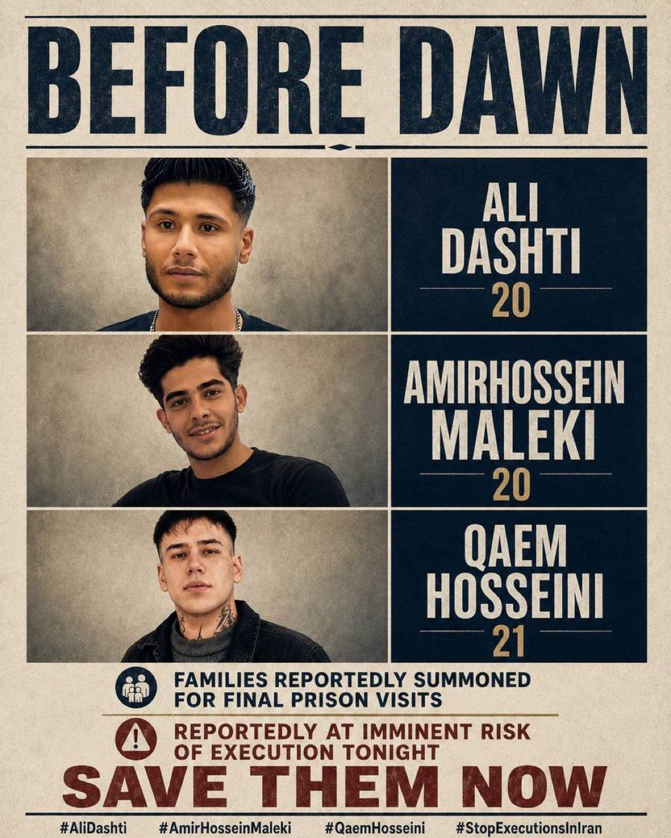 its404id's tweet photo. 💢Three innocent young men are at risk of execution. Please help us raise their voices.

#AliDashti
#AmirHosseinMaleki
#GhaemHosseini https://t.co/E36sOICUsa