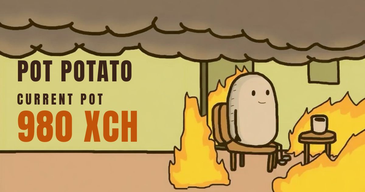 PotPotatoXYZ's tweet photo. SNATCHED — xch1pku4yg…myca took the potato from @Ardaz955, who held it for 15h 11m and earns royalties on every sale from here. The pot is 980 XCH. Taking it costs 1.980. https://t.co/NfqVl5i29V