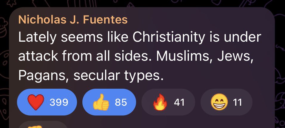 whitesocksclips's tweet photo. Nick Fuentes just posted this on telegram

“Lately seems like Christianity is under attack from all sides. Muslims, Jеws, Pagans, secular types.” https://t.co/ZlZq2fsK0H