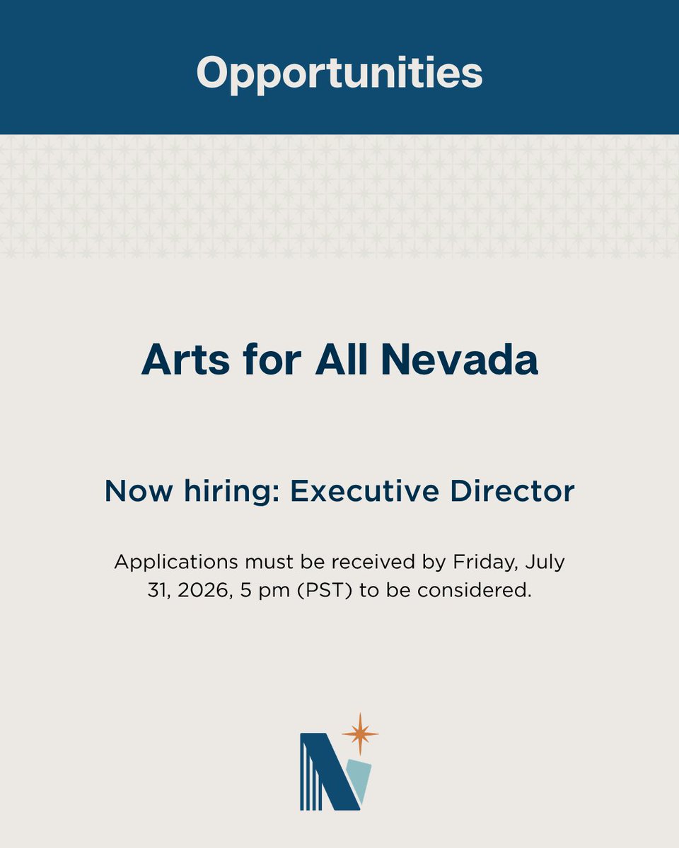 nvartscouncil's tweet photo. Arts for All Nevada is seeking an executive director! 🎨 
Lead an organization expanding access to arts, strengthening partnerships and creating opportunities.

Apply by July 31 at 5 p.m. PST.

Learn more: [LINK]  https://t.co/sMP5oAIG3O https://t.co/iUzxZE3zNa