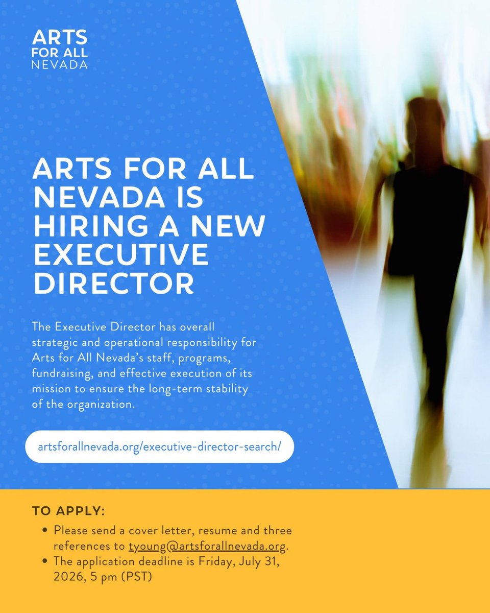 nvartscouncil's tweet photo. Arts for All Nevada is seeking an executive director! 🎨 
Lead an organization expanding access to arts, strengthening partnerships and creating opportunities.

Apply by July 31 at 5 p.m. PST.

Learn more: [LINK]  https://t.co/sMP5oAIG3O https://t.co/iUzxZE3zNa