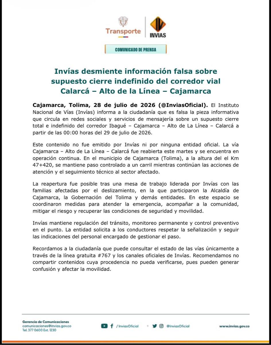 InviasOficial's tweet photo. ⚠️ #Atención | Es falsa la información que circula sobre un supuesto cierre total e indefinido del corredor Calarcá – Alto de La Línea – Cajamarca. La vía está en operación y el paso se mantiene controlado a un carril en el km 47+420. Comunicado: https://t.co/IpDatRPOL1 https://t.co/oSGL9KA02I