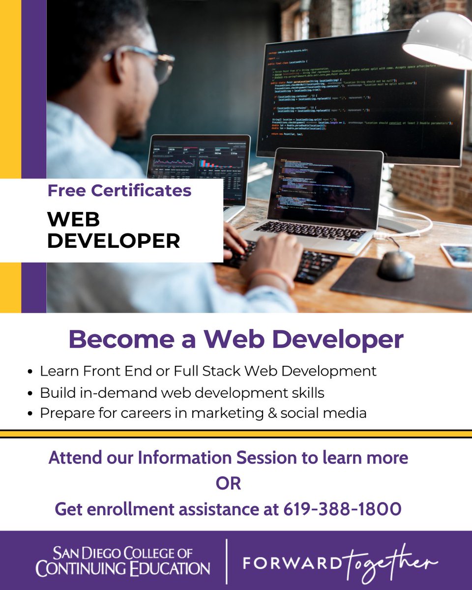 SDCCEEDU's tweet photo. Join our Web Development Info Session on August 4, 2026 from 6 to 7 pm at North City Campus to explore Front End Web Development and advanced Full Stack certificate options.
RSVP here: https://t.co/h4BpL4F9px
#SDCCE #WebDevelopment https://t.co/ZKIfiTPeLo