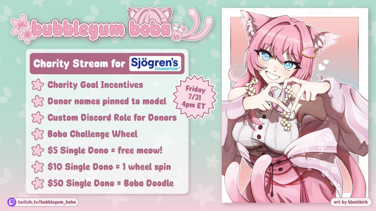 bubblegum_boba_'s tweet photo. I'm hosting my first charity stream this Friday, 7/31 at 4pm ET supporting the Sjögren's Foundation! 

as a nekomata living with Sjögren's disease for 5 years, this foundation is very near and dear to me 🩷

hope to see you there! 🌸🧋 https://t.co/qevrmaHvSc