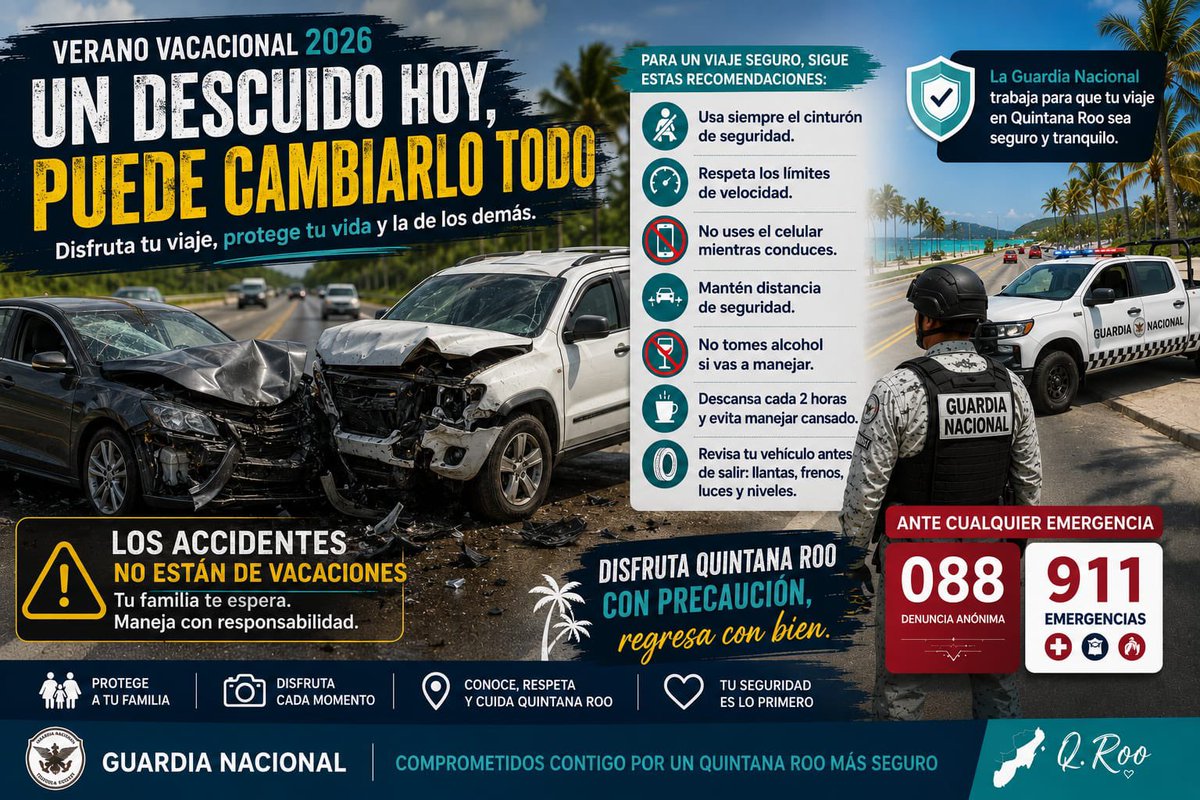 GNQRoo's tweet photo. La Guardia Nacional trabaja de manera permanente para brindar seguridad y apoyo en las carreteras y destinos turísticos de Quintana Roo, pero la prevención también depende de cada uno de nosotros.
#GuardiaNacional #QuintanaRoo #ConduceConResponsabilidad #SeguridadVial https://t.co/s51cWeBlQi