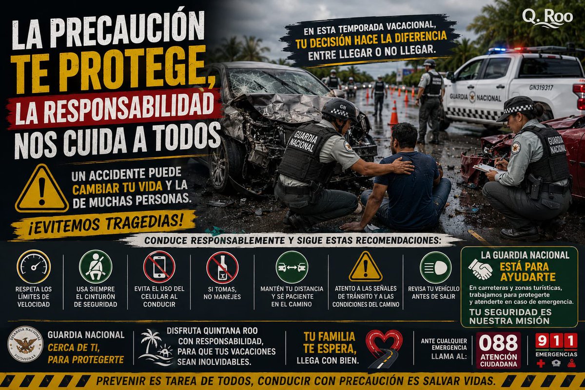 GNQRoo's tweet photo. La Guardia Nacional trabaja de manera permanente para brindar seguridad y apoyo en las carreteras y destinos turísticos de Quintana Roo, pero la prevención también depende de cada uno de nosotros.
#GuardiaNacional #QuintanaRoo #ConduceConResponsabilidad #SeguridadVial https://t.co/s51cWeBlQi