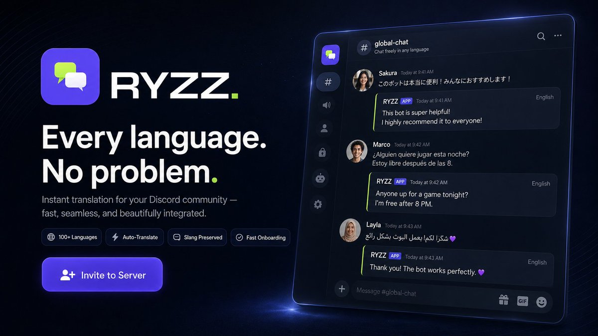 Ryzzofficial34's tweet photo. Break language barriers in your Discord community with RYZZ - instant translation across 109+ languages, with slang and tone preserved. Set up in under a minute and let everyone chat naturally.

🌐 https://t.co/prPIHYgOXt
💬 https://t.co/OKQLMSxBhV
#DiscordBot #Translation #RYZZ https://t.co/Ulc4CBBVuq