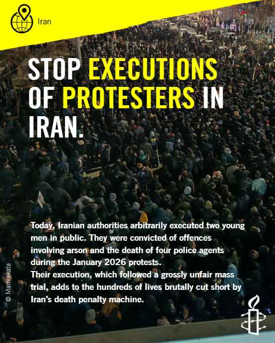 ErikaGuevaraR's tweet photo. The public execution of two protesters in #Iran today marks a further escalation of authorities’ use of the death penalty to quash dissent. They were sentenced to death following a grossly unfair mass trial that concerned the killing of four police agents as well as allegations of damage to public property and arson. The executions only add to the surge in arbitrary death sentences and executions since the restoration of internet access in May.

We have documented protesters being sentenced to death for offences such as property damage, arson, road blockages and disrupting public opinion, acts that should not carry the death penalty according to international law and standards. Convictions have been issued in closed, grossly unfair proceedings marred by enforced disappearance, torture and other ill-treatment, and denial of access to a lawyer.