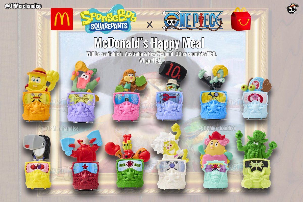 OPMerchandise's tweet photo. Here's an updated look at the McDonald's SpongeBob x One Piece Happy Meal collaboration!

Features:
• SpongeBob x Luffy
• Patrick x Zoro
• Sandy x Nami
• Squidward x Sanji
• Gary x Chopper
• Pearl x Robin
• Larry x Franky
• Mr. Krabs x Jinbe
• SpongeBob x Luffy Gear 5
• Mrs. Puff x Big Mom
• Flying Dutchman x Blackbeard

Will be available in Australia and New Zealand. Other countries TBD.

Date of collab is TBA.

#OnePiece