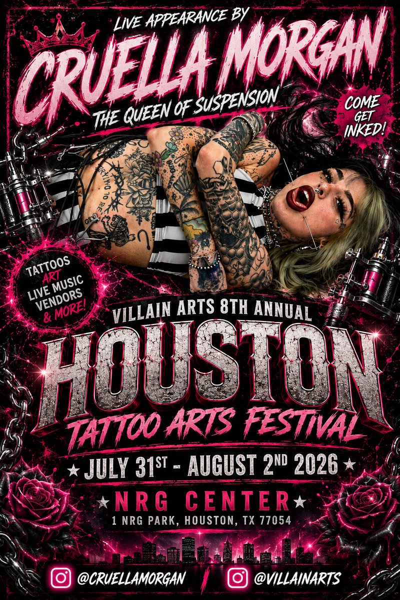 FlyTripleJ's tweet photo. Houston, are you ready?! 👑🔥 Catch @cruellamorgan The Queen of Suspension, LIVE at the Villain Arts Houston Tattoo Arts Festival this weekend at NRG Center! Come say hi, grab some pics, and experience the madness! 🤘🖤 #CruellaMorgan #VillainArts #TattooCommunity #HoustonTX https://t.co/trF4fzHjU8