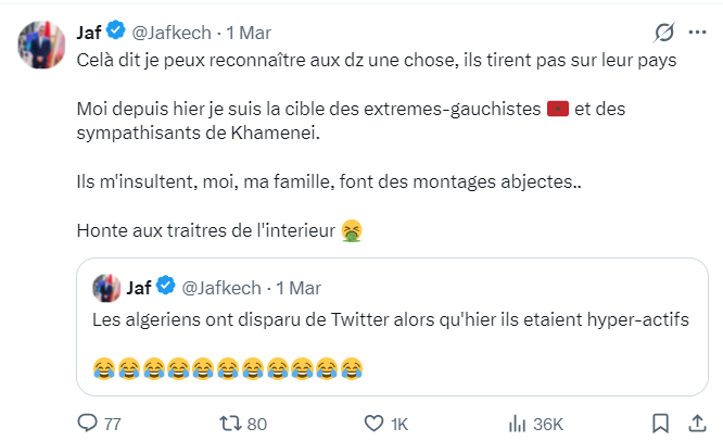Kur0vsvc's tweet photo. @Jafkech Oui, bien sûr, mtn tu deviens gentil. Mais pas quand tu harcelais un journaliste marocain avec une armée de zmigs franco-moorishs, ou quand tu traitais les Marocains d'ennemis de l'intérieur. https://t.co/nN2VuhzZev