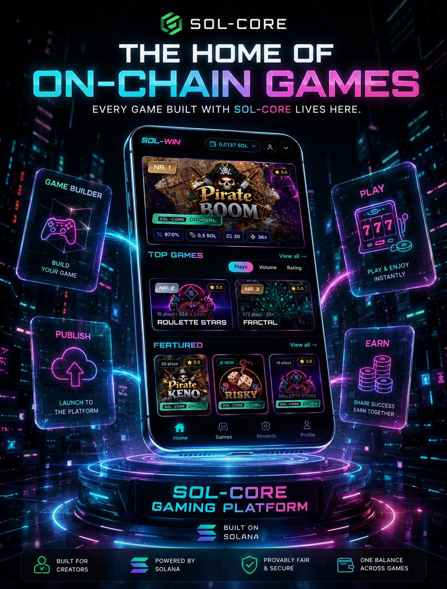 SolCoreEngine's tweet photo. 🎮 One Platform. Endless Games.

We Are testing the Sol-Core Gaming Platform — the home of every game built with the Sol-Core GameBuilder.

From classic casino games to entirely new on-chain experiences, every published title comes together in one ecosystem.

🎰 Discover new games.
🚀 Play instantly.
👨‍💻 Support independent creators.
🔒 Secure and provably fair gameplay.
⚡ Powered by Solana for fast and seamless transactions.

Creators build. Players play. The ecosystem grows.

Every new game expands the platform and gives players something new to explore.

This is more than a gaming website—it’s an open ecosystem where innovation meets Web3 gaming.

Build.
Share.
Earn.

Build on @solana
Powered by #Solcore

#SolCore #GamingPlatform #Web3Gaming #BlockchainGaming #GameBuilder #Solana #BuildOnSolana #CryptoGaming #IndieGameDev #GameCreators #OnChainGaming #ProvablyFair #PlayToBuild #GameDevelopment #Web3