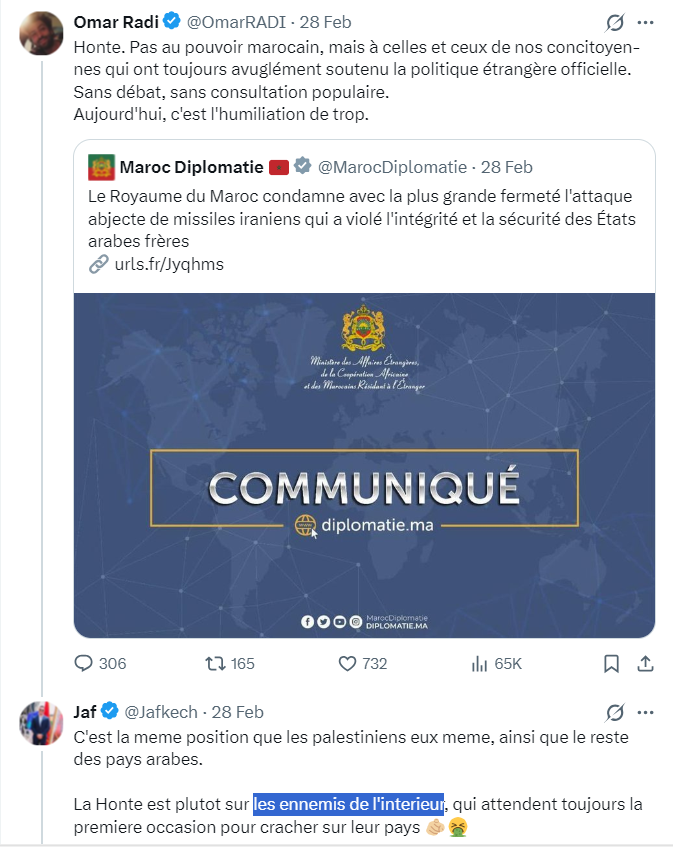 Kur0vsvc's tweet photo. @Jafkech Oui, bien sûr, mtn tu deviens gentil. Mais pas quand tu harcelais un journaliste marocain avec une armée de zmigs franco-moorishs, ou quand tu traitais les Marocains d'ennemis de l'intérieur. https://t.co/nN2VuhzZev