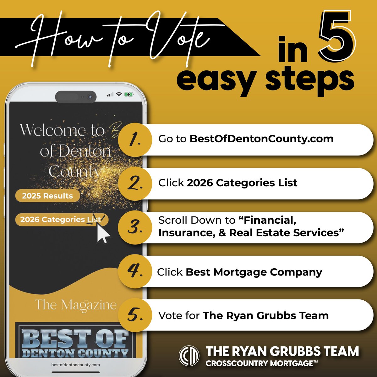 RyanGrubbsTeam's tweet photo. Two weeks left for Best of Denton County! Ends 8/12!
1. Go to https://t.co/Xc8IobcPK6
2. Click 2026 Categories List
3. Scroll to Financial, Insurance, &amp; Real Estate Services 
4. Vote for: Best Mortgage Company – Cross Country Mortgage Ryan Grubbs https://t.co/S2BhRkFokJ