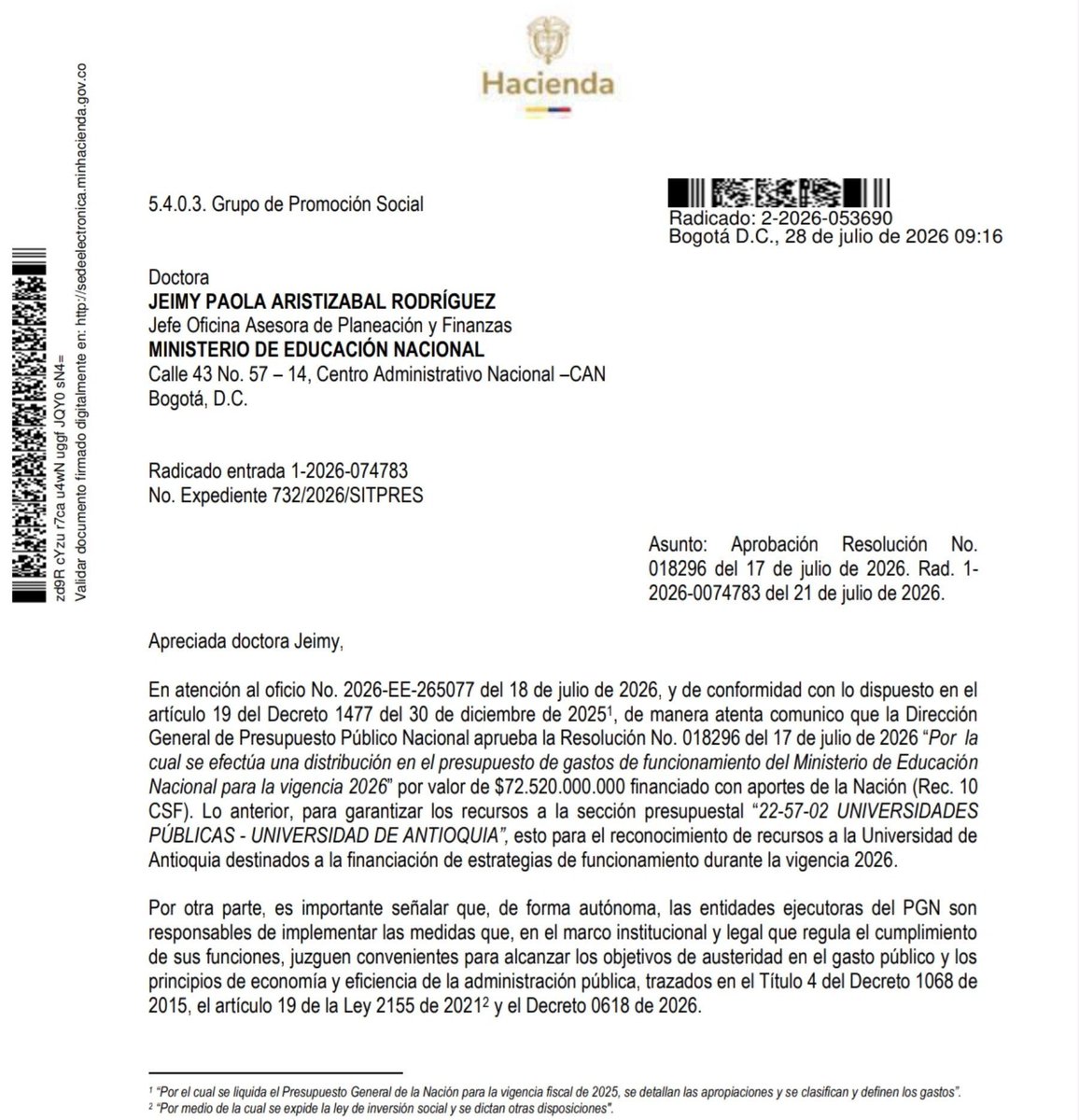 DanielRMed's tweet photo. No lo hizo ni el gobernador de Antioquia ni el alcalde de Medellín, el gobierno de @petrogustavo rescató a la @UdeA.

Los $70.000 millones que adicionamos el año pasado al presupuesto de la universidad ya son ley. La @UdeA volverá a contar con ellos cada año de aquí en adelante, indexados e incorporados de manera permanente a sus recursos de funcionamiento.

Agradecemos a @MinHacienda por la diligencia, y a la comunidad académica y estudiantil por defender siempre la educación pública.