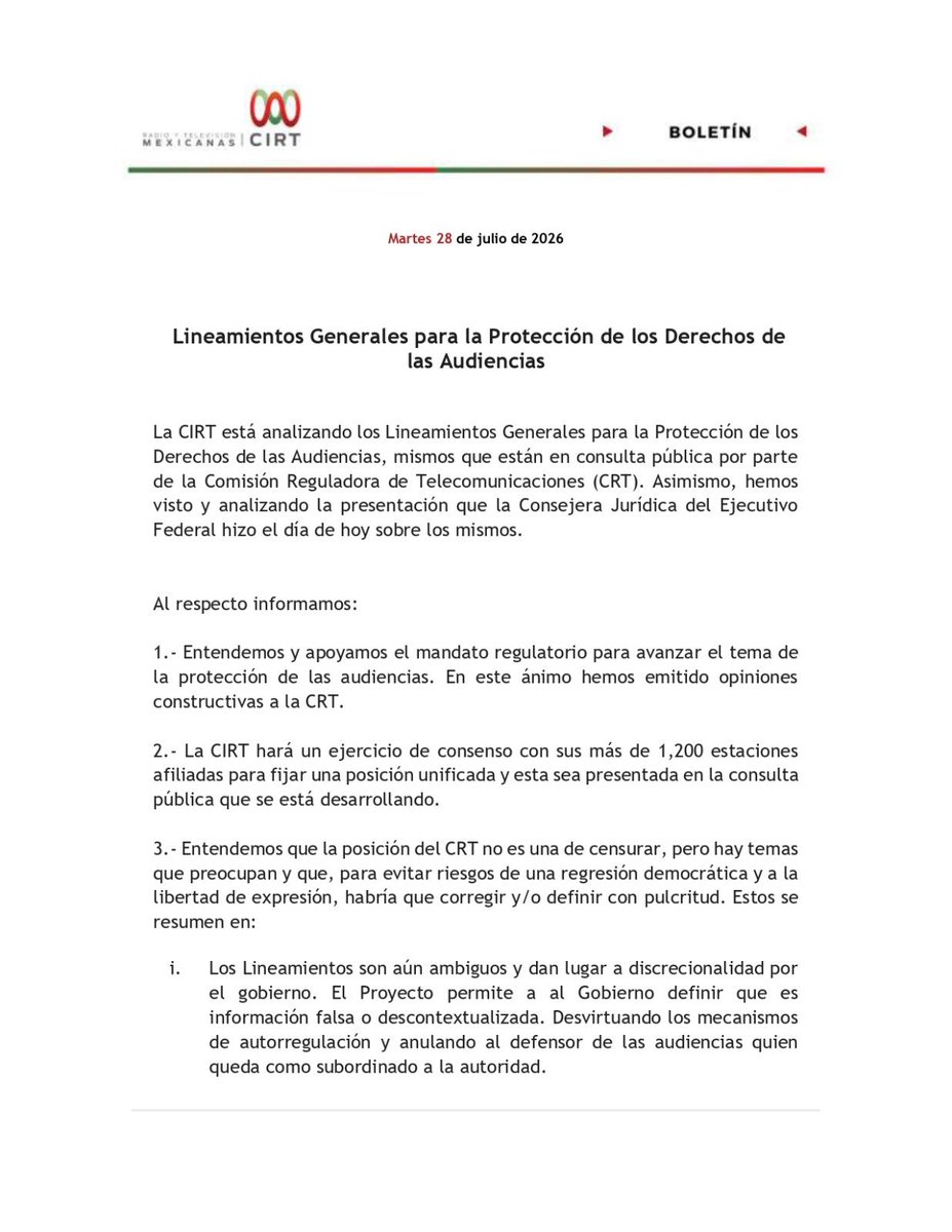 MLopezSanMartin's tweet photo. 🚨 La @cirtmx alerta riesgos por los nuevos lineamientos de la 4T sobre audiencias

Advierte que podrían abrir espacio a discrecionalidad y afectar la libertad de expresión

El gobierno quiere imponer sus reglas y controlar lo que ves y escuchas https://t.co/9Rf2hp4Xfv