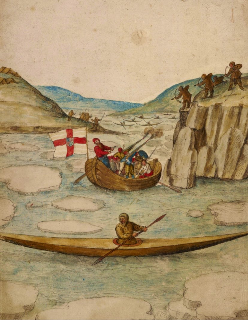 Canada_Unknown's tweet photo. A painting by English explorer and artist John White, created during Frobisher’s 2nd expedition to Baffin Island, showing the flag of England with the arms of Elizabeth I, is the earliest contemporary depiction of the use of arms of “dominion and sovereignty” on Canadian soil. https://t.co/VYvowWPBqx