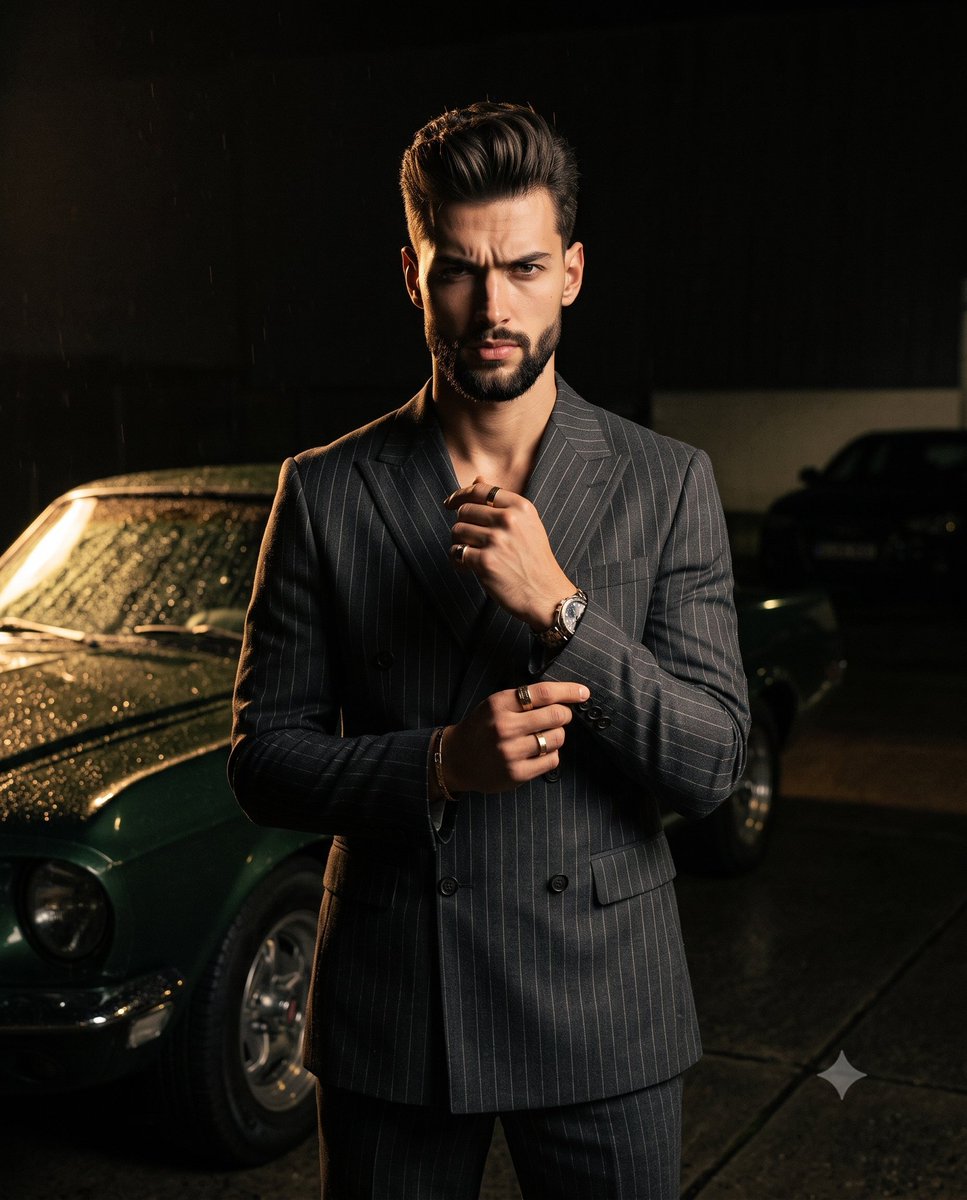 aatif_j's tweet photo. Created with Gemini Nano Banana 2 on @GeminiApp

Prompt 👇

A handsome male stands straight-on facing the camera with centered weight and level shoulders, sharply dressed in a structured charcoal gray double-breasted pinstripe suit. His hair is meticulously styled in a textured quiff with high volume at the crown, featuring a half-inch fade on the sides that transitions to two and a half inches of length on top, brushed forward and upward with an undefined part. Matte pomade styling accentuates thick, distinct strands with a natural slight wave, capturing subtle realistic imperfections like flyaways on the top right and natural hairline variations. His expression is profoundly serious and intense, anchored by furrowed eyebrows and a closed neutral mouth. He strikes a deliberate pose, his right thumb and index finger elegantly pinching his sleeve to adjust his left cuff, while his resting left hand curls inward to reveal gold rings and a watch. He stands on a solid black concrete floor in an outdoor nighttime setting with medium spatial depth, anchored on his left by a dominant, pristine vintage classic car in the midground. The vehicle's perfectly smooth, glossy dark forest green automotive metal surface is peppered with rain droplets.. In the right background, the silhouette of a worn secondary vehicle lingers in the darkness, punctuated only by a faint headlight reflection. The scene is saturated in a dark, moody, and sophisticated cinematic atmosphere, sculpted by a low-key, single-source studio hard light striking from a highly directional 45-degree side angle. This setup creates a dramatic, high-contrast visual hierarchy that draws the eye from his face down to his hands and over to the gold car text, casting deep black, harshly defined short shadows across the right side of his face and neck with zero ambient fill. Meanwhile, warm golden highlights are perfectly preserved on his forehead, the bridge of his nose, his left cheek, and the sleek wet car surface. The monochromatic palette revolves around deep blacks and charcoal grays, captured through realistic editorial digital photography using an 85mm lens at f/2.8, ISO 400, and an off-camera flash with a snoot. The tack-sharp, straight-on composition utilizes a medium depth of field and is finished with cinematic post-processing that includes crushed blacks, warm highlight color grading, and a touch of digital noise grain, all flawlessly framed in a 4:5 aspect ratio.