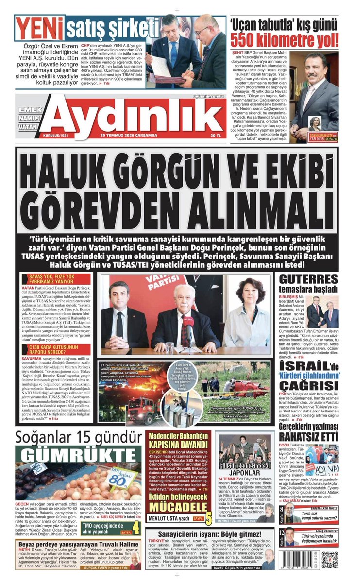ruhialper's tweet photo. "Kangrenleşen Bir Güvenlik Zaafı Var  
HALUK GÖRGÜN VE EKİBİ GÖREVDEN ALINMALI"

#Aydınlık – 29 Temmuz 2026
Aydınlık, Türkiye'den Bakar 
 
Gerçekleri AYDINLIK Yazar https://t.co/arjA3mbpXf https://t.co/3he2MvAkFo